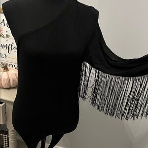 Elegant Black Fringe One-Shoulder body suit
